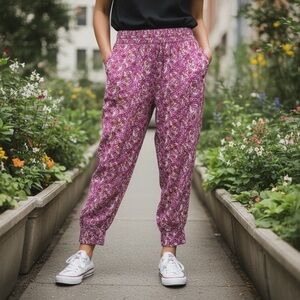 Anthropologie Smocked Abstract Print Pink Jogger Pants Boho Beach L Large